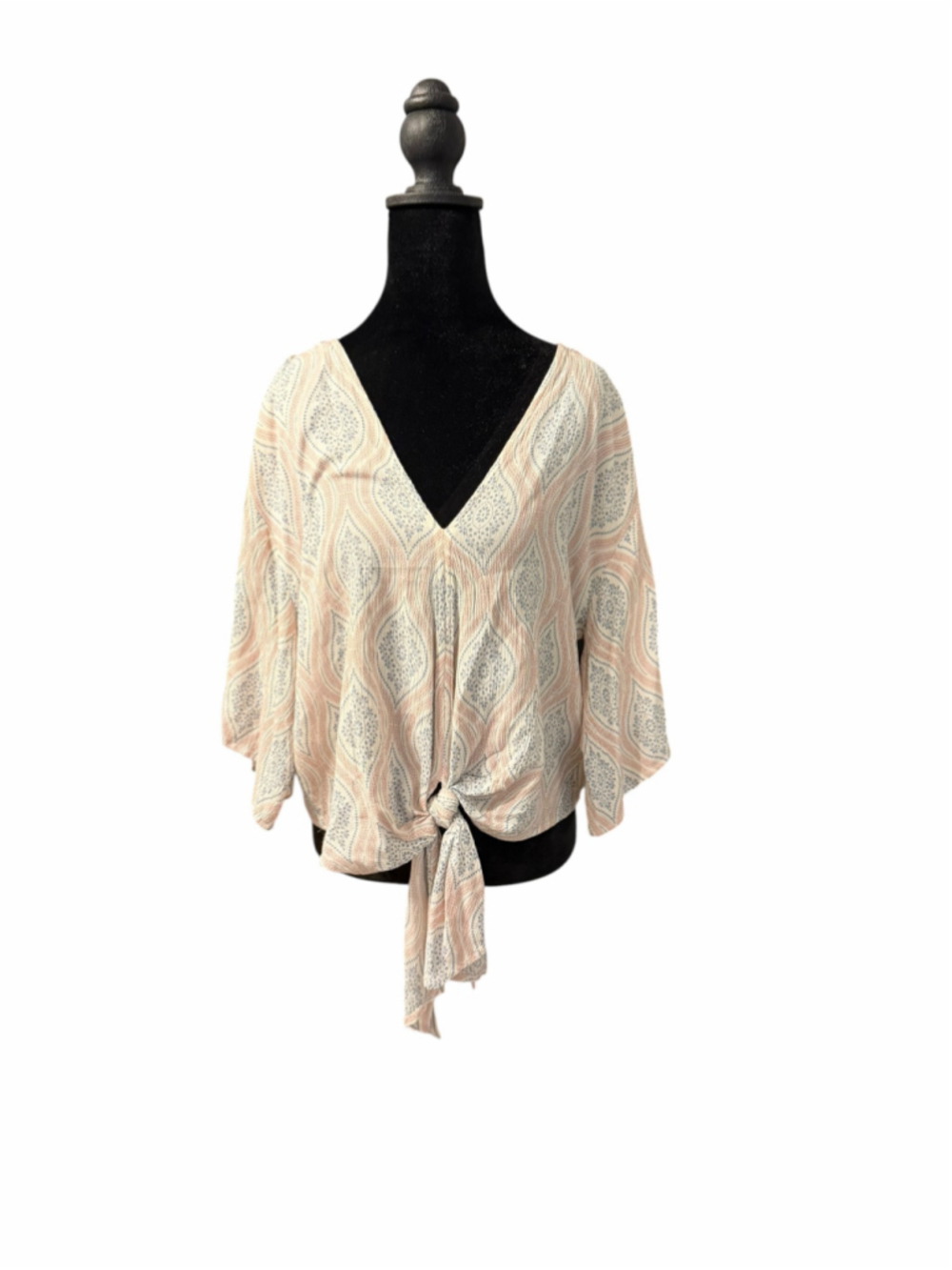 Women's Lovestitch Blouse Size M Beige Blue Patterned Tie Front Top